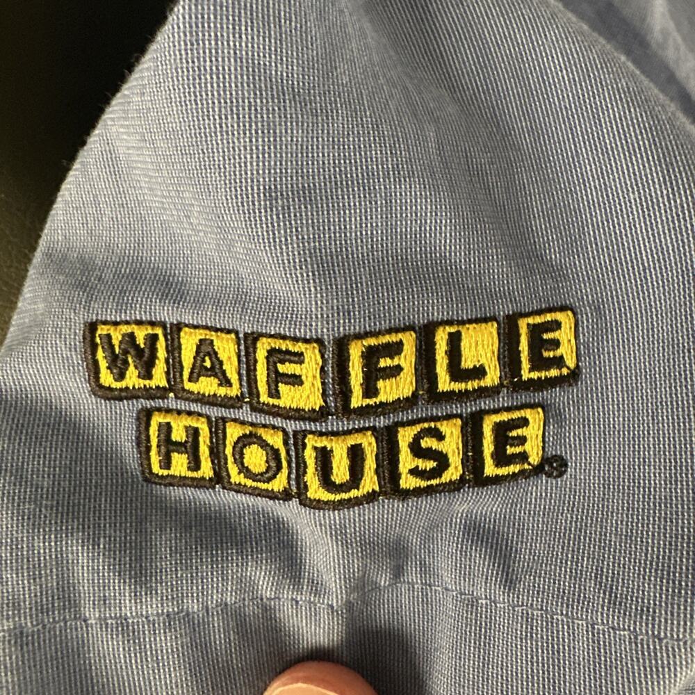 Waffle House Shirt Men’s Large Blue Employee Work Uniform Short Sleeve Flag